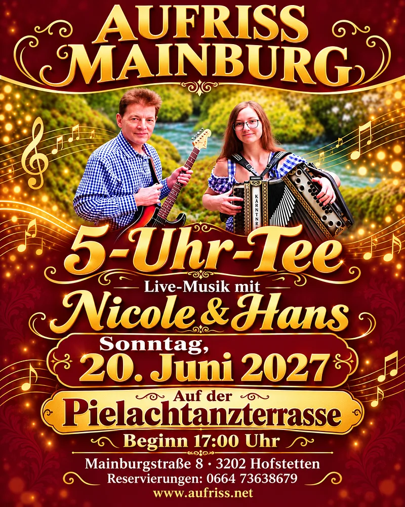 Location: Aufriss Mainburg/ Pielachtanzterrasse - Motto: 5-Uhr-Tee mit Live-Musik durch Nicole und Hans