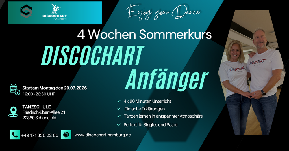 Location: Tanzschule Schenefeld - Motto: 🌞 4‑wöchiger Discochart‑Sommerkurs für Anfänger