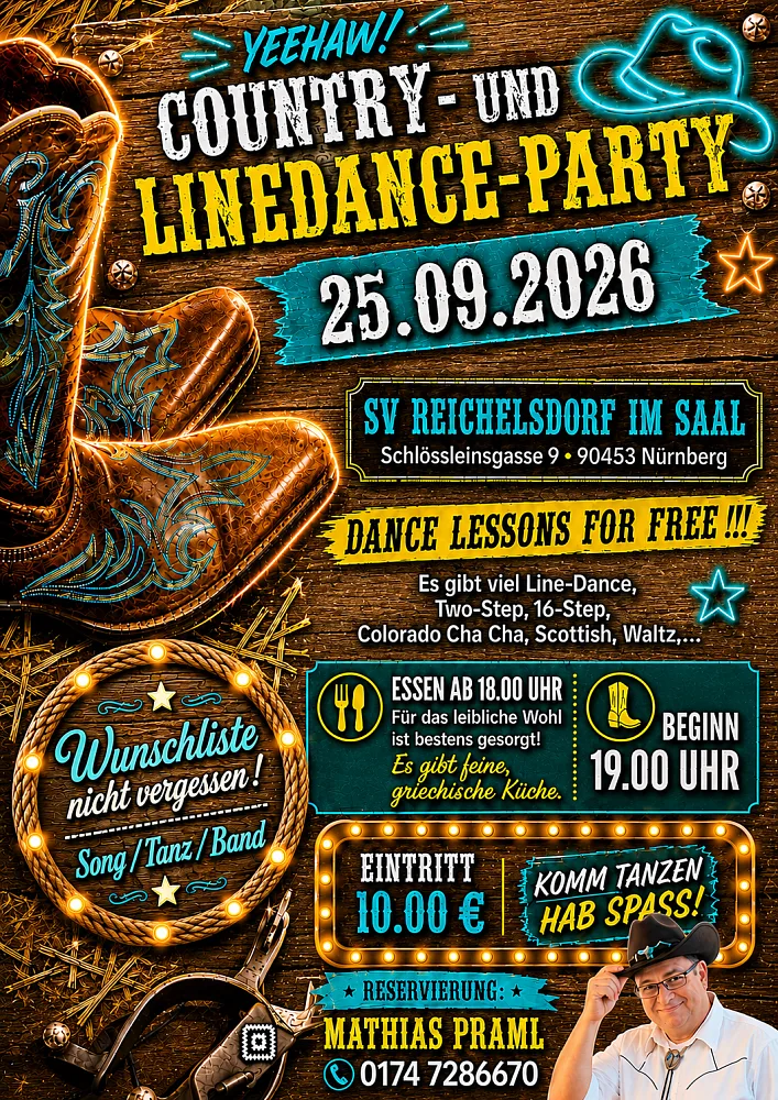 Location: SV Reichelsdorf Saal - Motto: Country- und Linedance-Party