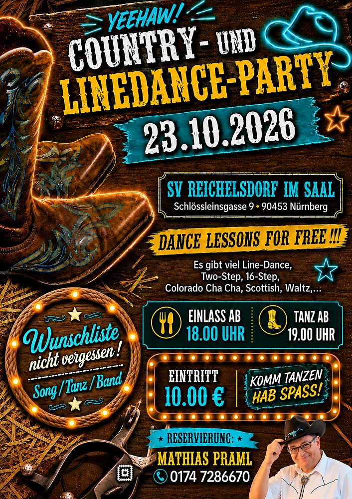 Location: SV Reichelsdorf Saal - Motto: Country- und Linedance-Party