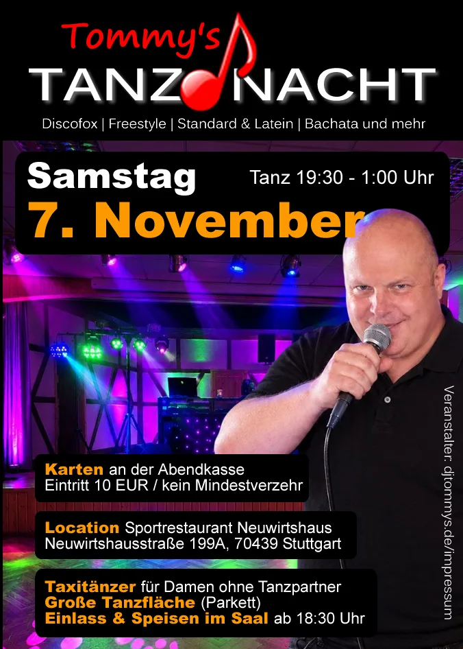 Location: Sportrestaurant Stuttgart-Neuwirtshaus - Motto: Tommy's Tanznacht Stuttgart | Discofox & more
