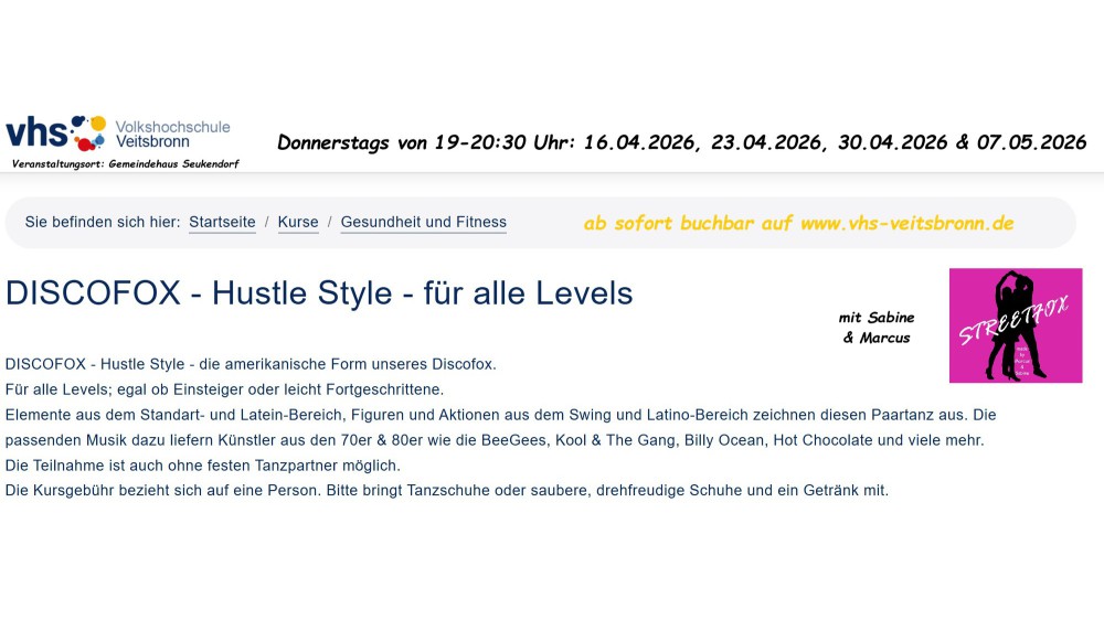Location: VHS Veitsbronn / Gemeindehaus Seukendorf - Motto: Tanzworkshop American Latin Hustle