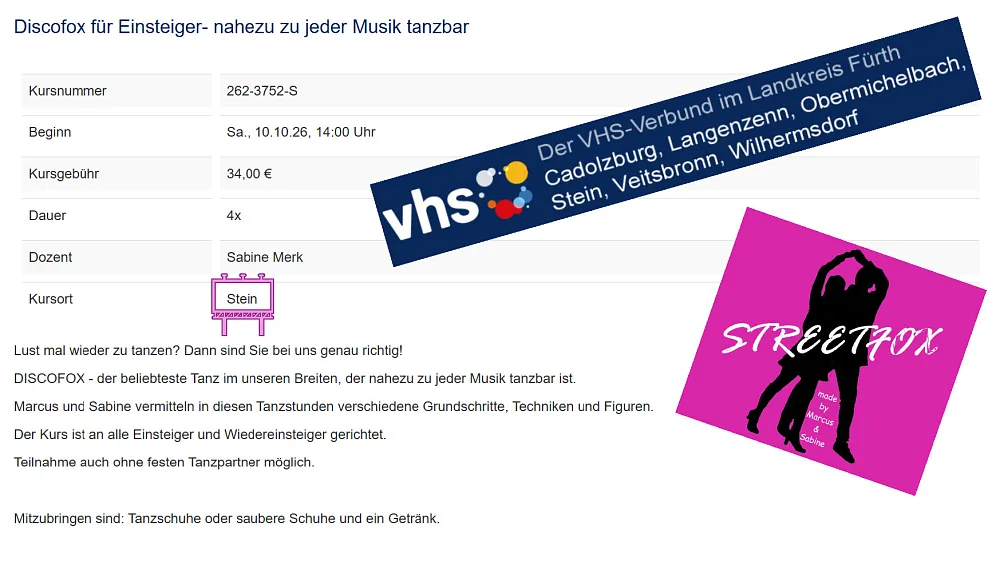 Location: VHS Stein - Motto: Tanzkurs Discofox Einsteiger VHS Stein