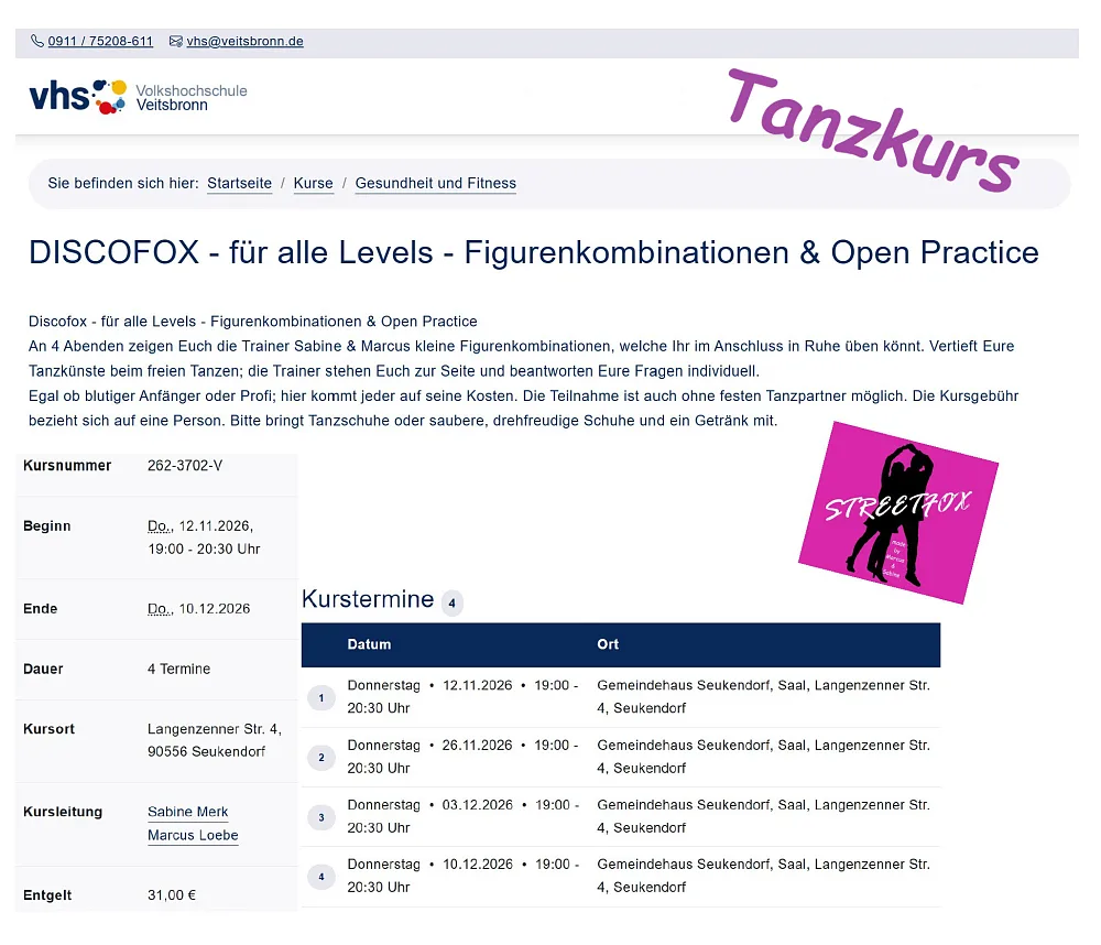 Location: VHS Veitsbronn / Gemeindehaus Seukendorf - Motto: Tanzkurs mit Open Practice